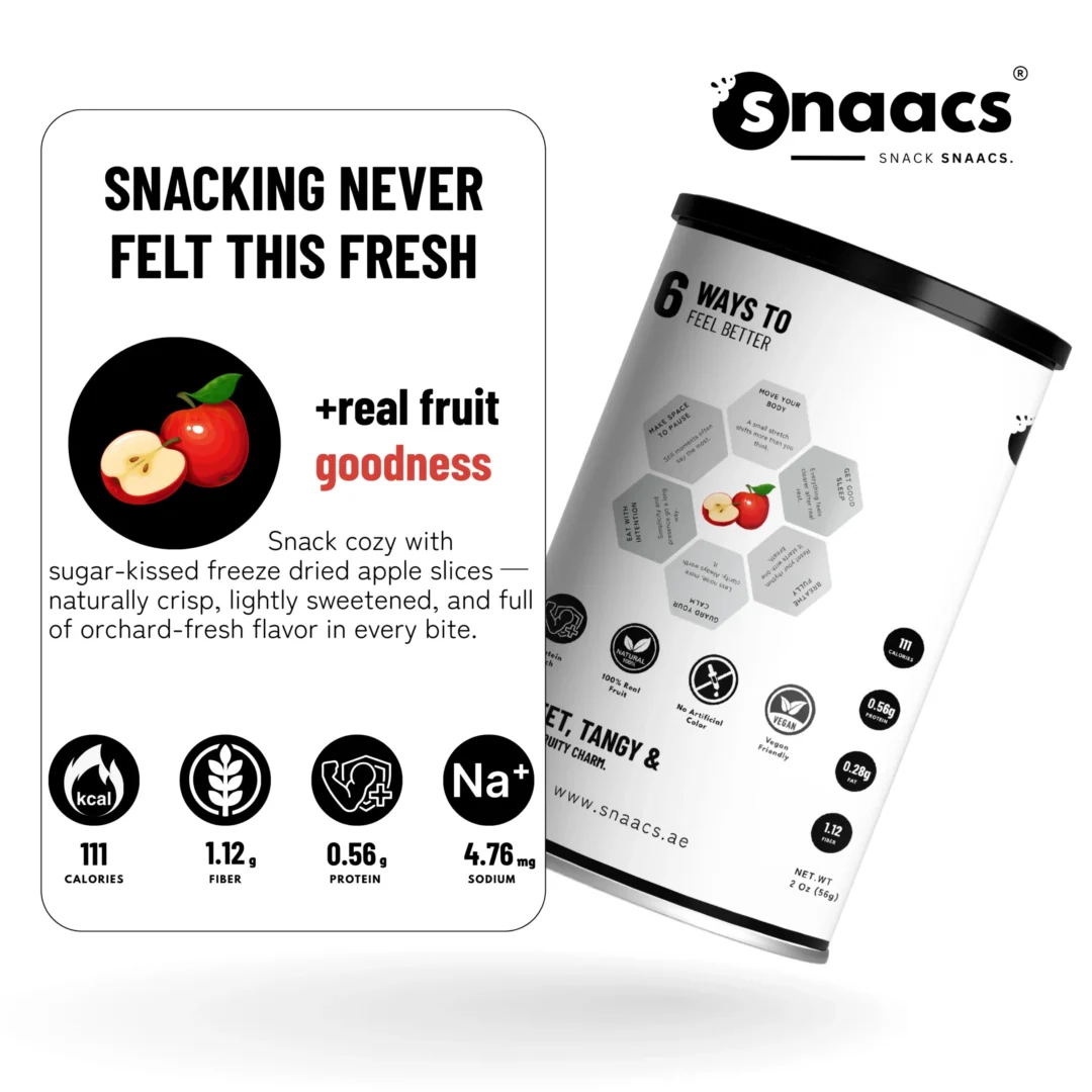 SNAACS Freeze-Dried Apple Slices with Sugar and Health Icons