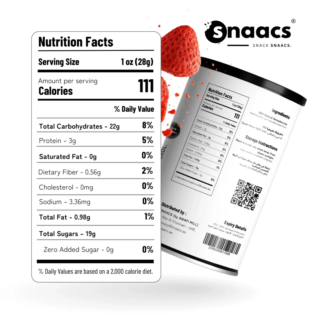 Nutrition Facts Label of SNAACS Freeze-Dried Strawberry Snack