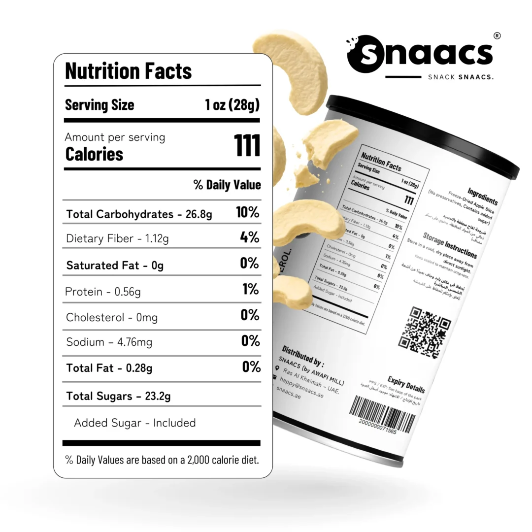 Nutrition Facts of SNAACS Freeze-Dried Apple Slices with Sugar