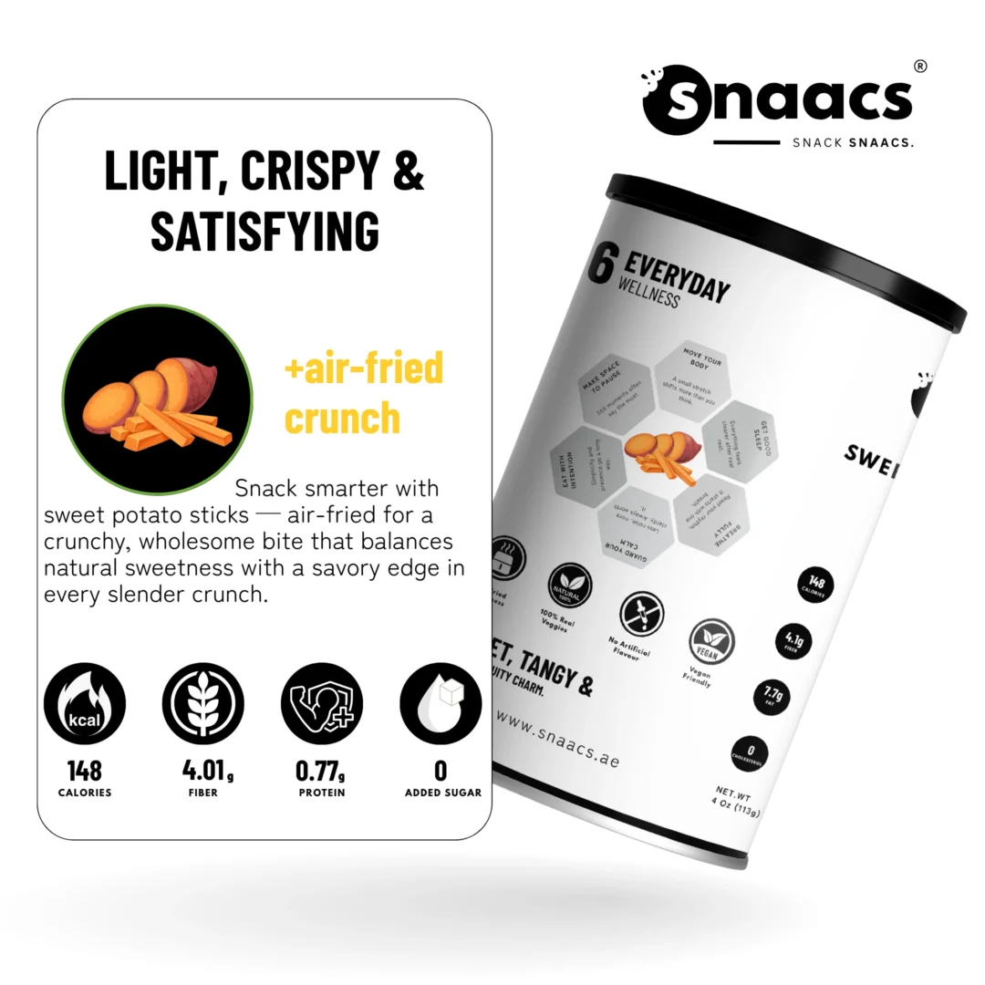 SNAACS Air-Fried Sweet Potato Sticks with Benefits and Icons