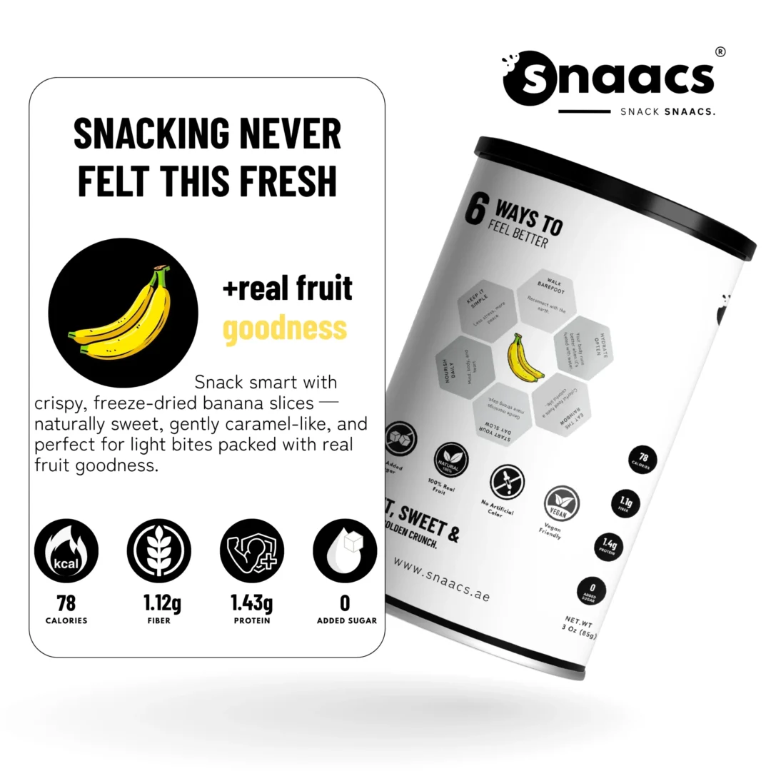 SNAACS Banana Slices with Fruit Icons and Snack Benefits