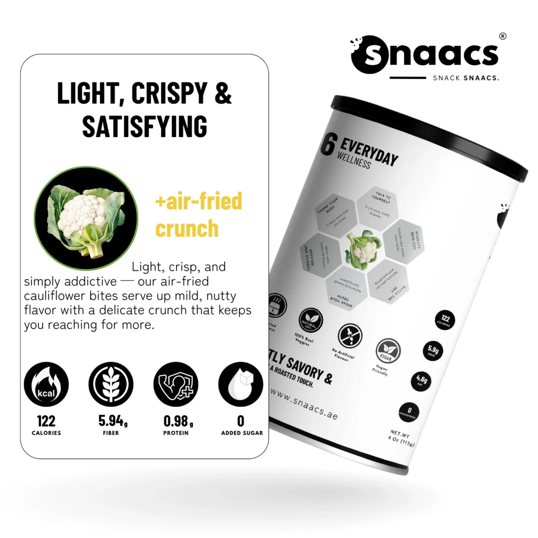 SNAACS Air-Fried Cauliflower with Snack Icons and Benefits