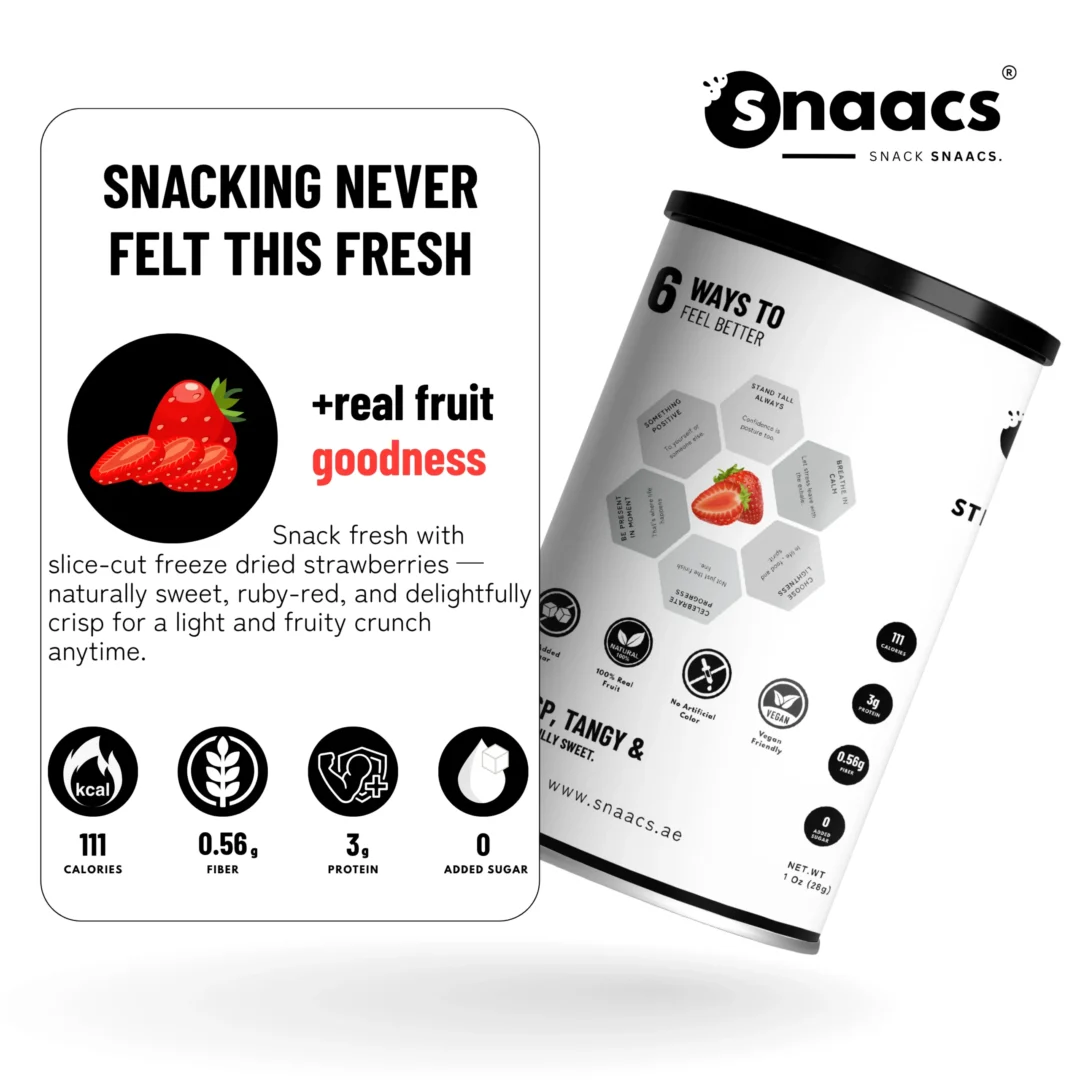 SNAACS Strawberry Slices with Health Icons and Real Fruit Benefits