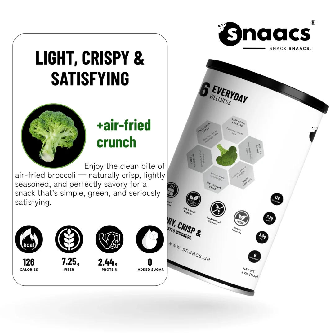 SNAACS Air-Fried Broccoli with Health Icons and Snack Benefits