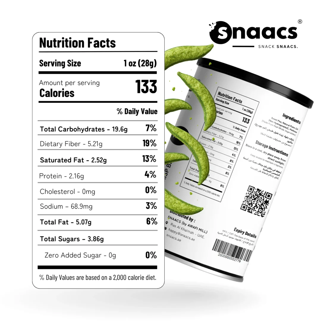 Nutrition Label of SNAACS Air-Fried Whole Snap Peas