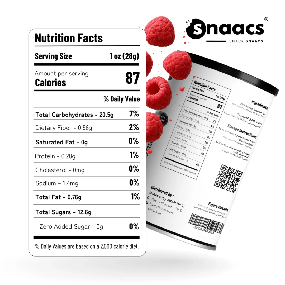 Nutrition Facts of SNAACS Freeze-Dried Whole Raspberries