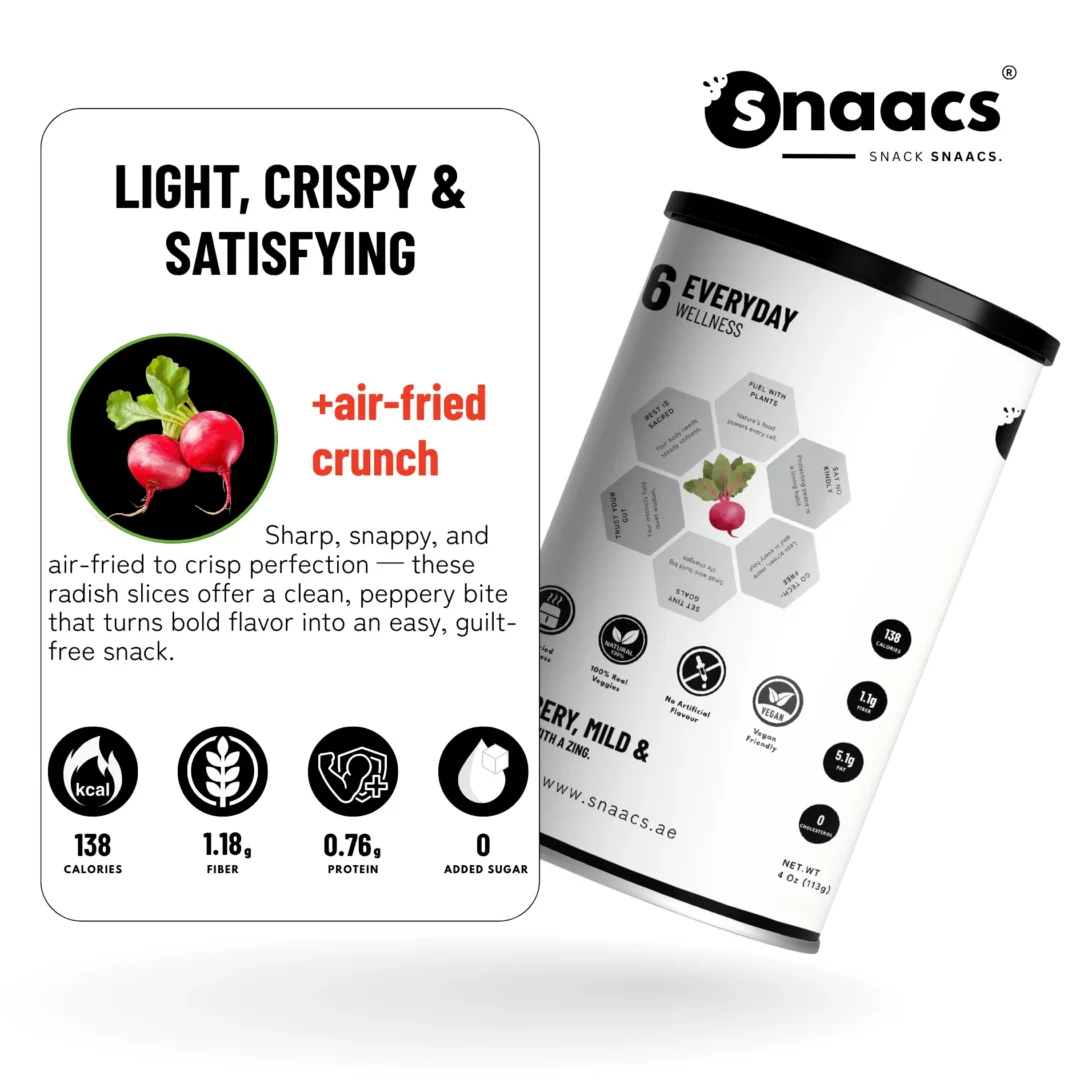 SNAACS Air-Fried Red Radish Slices with Snack Icons and Benefits
