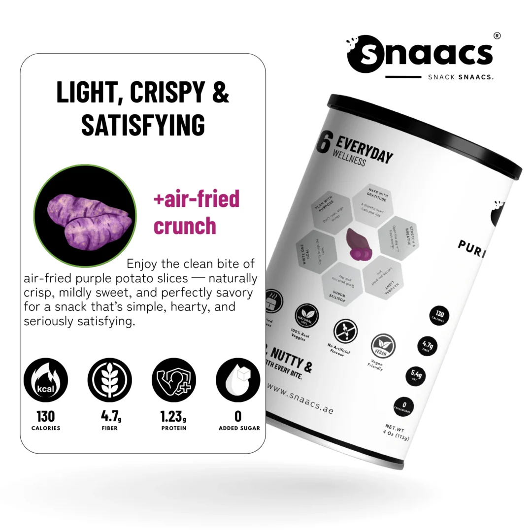 SNAACS Air-Fried Purple Potato Slices with Health Icons and Benefits