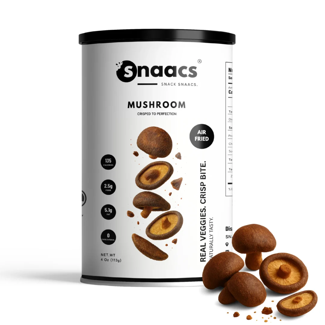 SNAACS Air-Fried Whole Mushrooms in Canister with Crispy Veggie Pieces