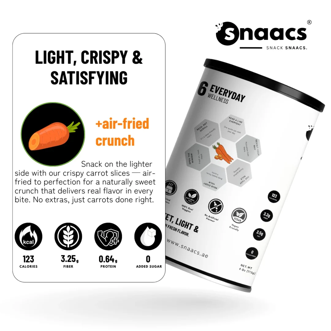 SNAACS Air-Fried Carrot Slices with Health Icons and Snack Benefits