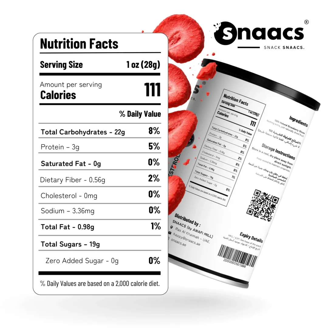 Nutrition Label of SNAACS Freeze-Dried Strawberry Slices