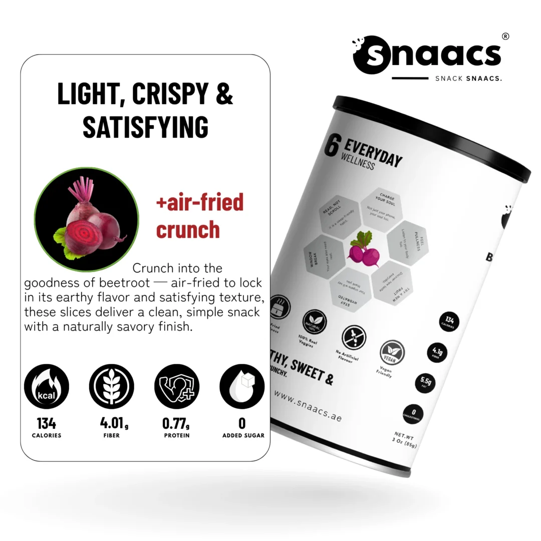 SNAACS Air-Fried Beetroot Slices with Snack Icons and Health Benefits