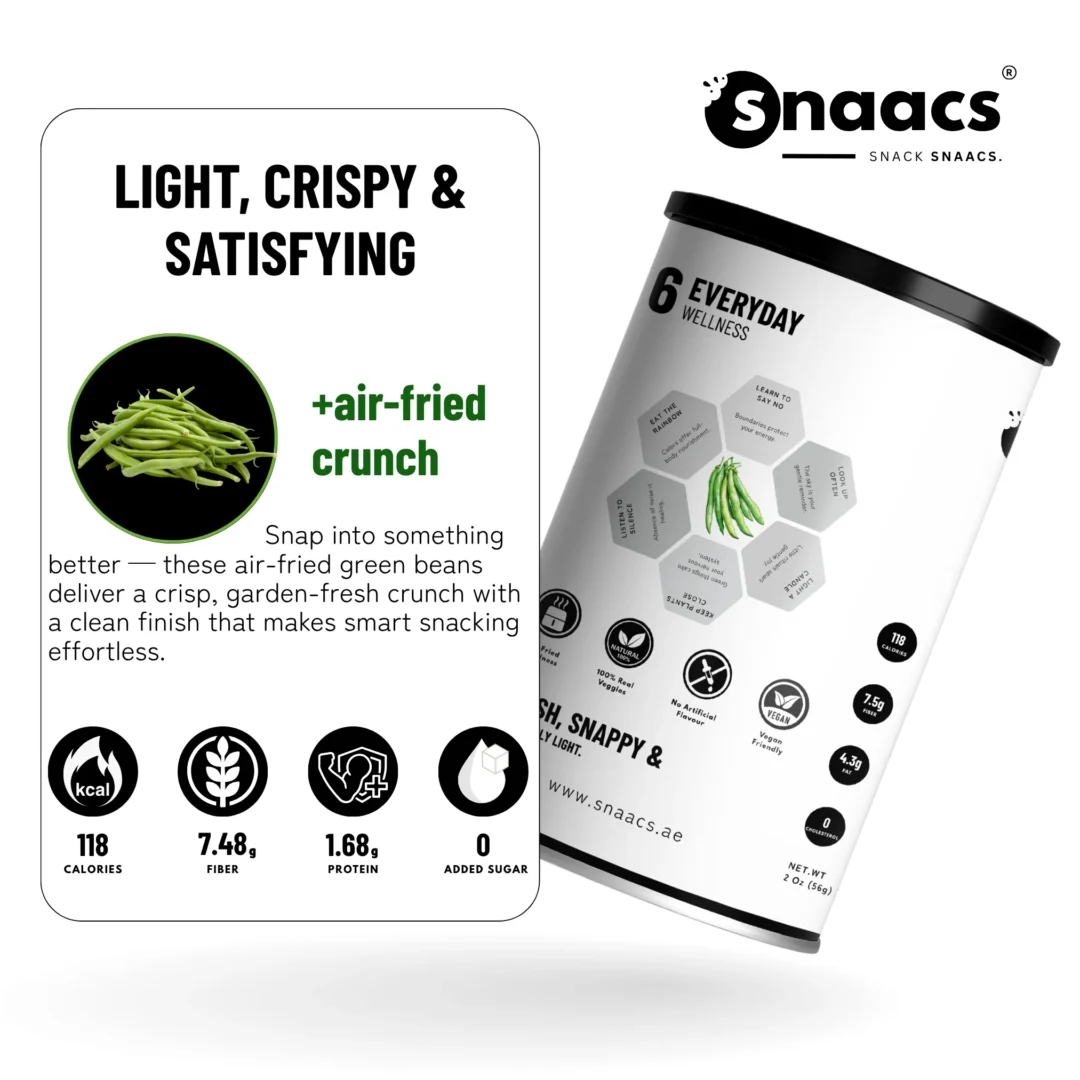 SNAACS Air-Fried Whole Green Beans with Snack Icons and Health Benefits
