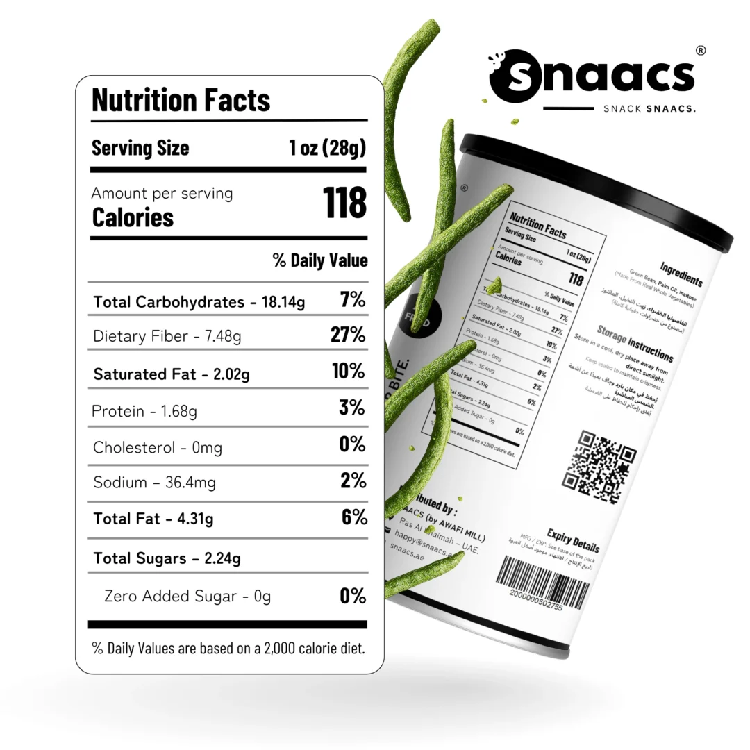 Nutrition Facts of SNAACS Air-Fried Whole Green Beans