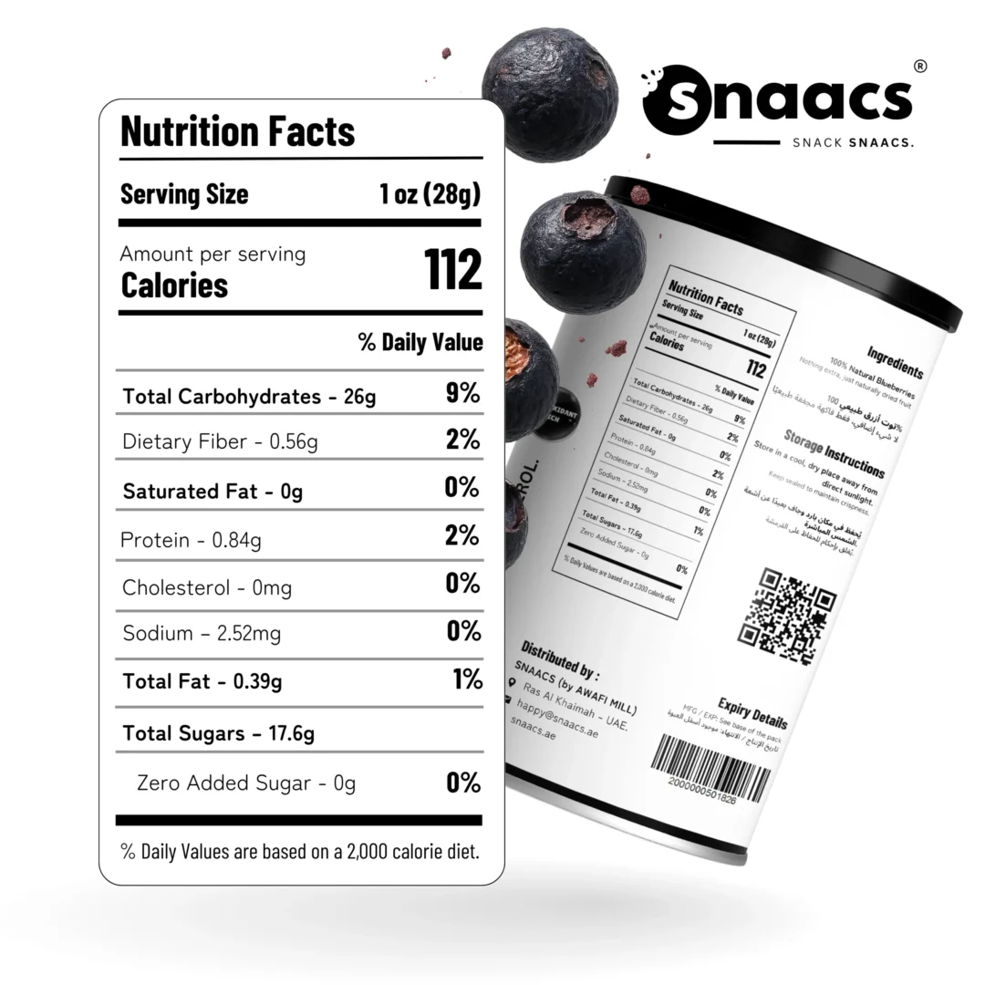Nutrition Label of SNAACS Freeze-Dried Whole Blueberries