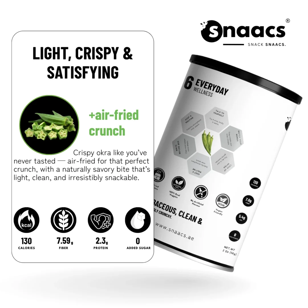 SNAACS Air-Fried Whole Okra with Snack Icons and Benefits