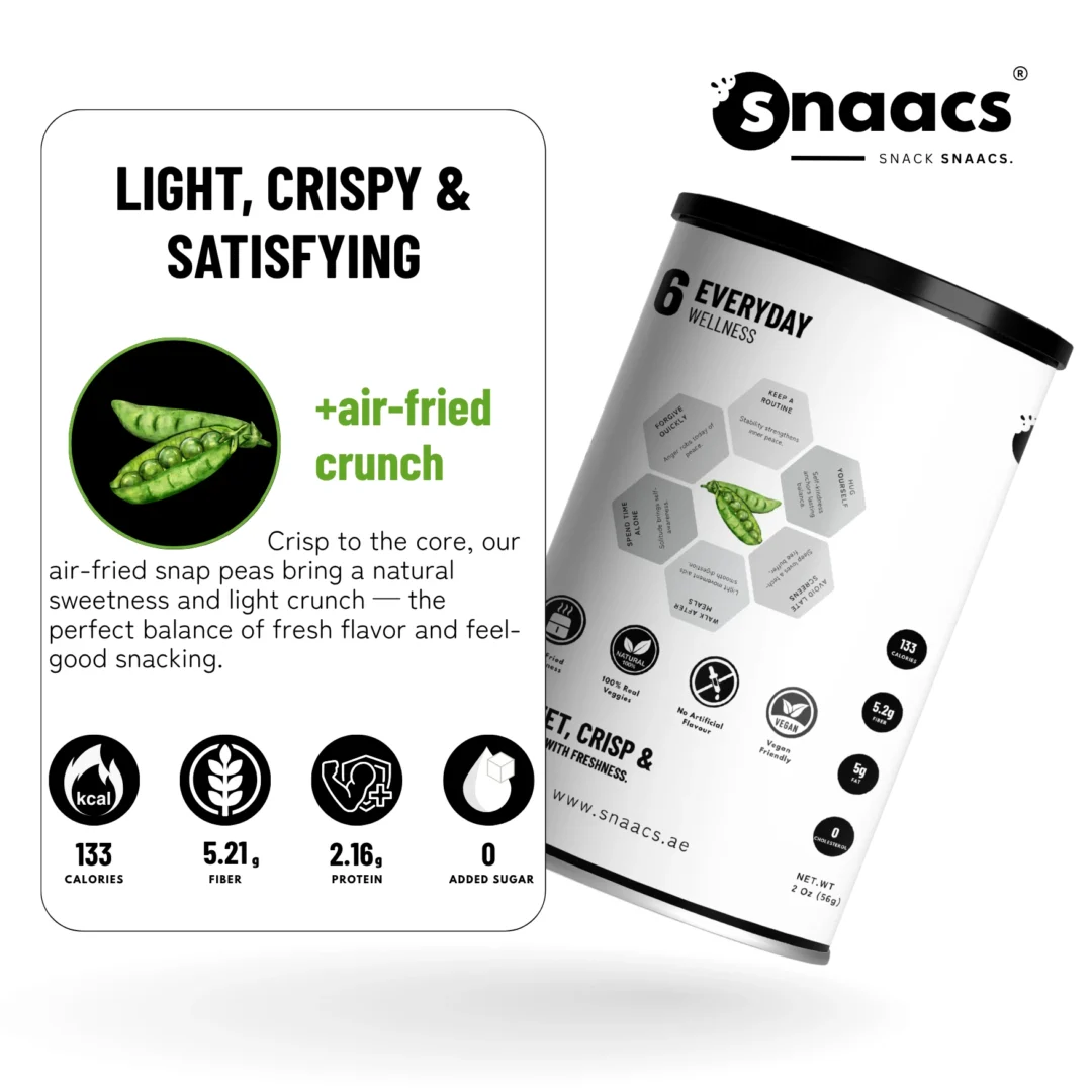 SNAACS Air-Fried Whole Snap Peas with Snack Icons and Benefits